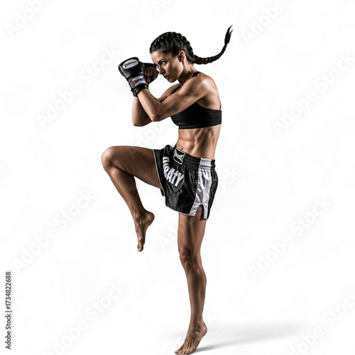 Illustration of female muay thai fighter isolated on transparent background