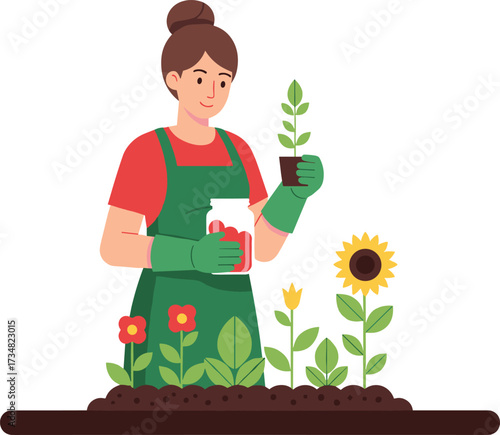 "Gardening Vector Scene with Person Holding Potted Plant and Jar of Tomatoes in Blooming Garden for Sustainable Living Concept"