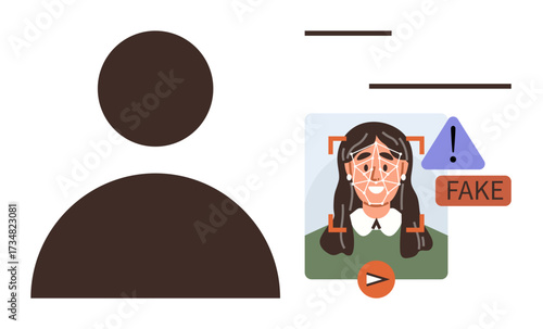 Facial scan identifies a fraudulent digital face with warning sign and fake tag. Ideal for security, cybersecurity, deepfake detection, AI technology, fraud prevention, privacy concerns, simple flat