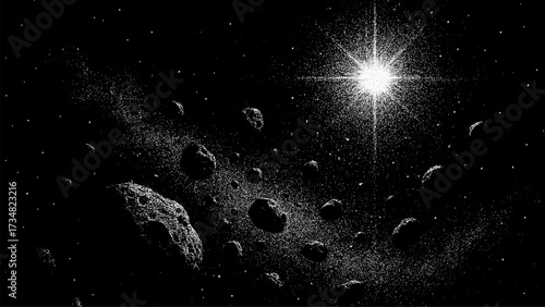 Asteroid field illustration with a bright star in space. Cosmic landscape with meteoroids for science fiction background.