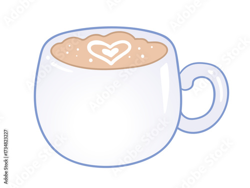Simple illustration of a white coffee mug with latte art heart on top. Perfect for cafe branding, menu design, coffee shop decor, or cozy lifestyle projects.