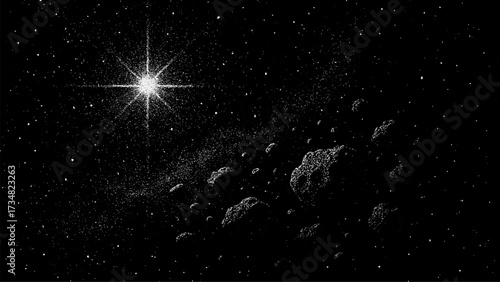 Bright star in deep space vector background with asteroid field. Celestial black sky full of tiny stars. Night sky universe dark cosmic galaxy.