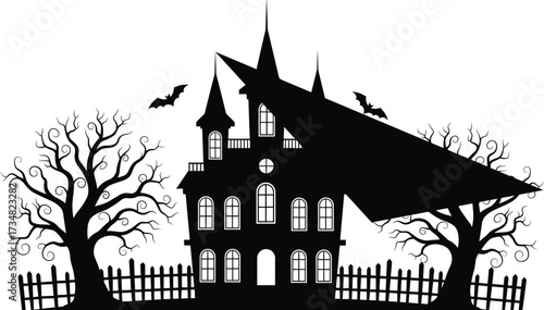 Haunted house silhouette vector with bats, twisted trees, gothic architecture, spooky fence, and eerie Halloween-themed horror night scene