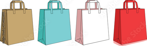 "Set of four colorful paper shopping bags with handles and shading for retail packaging, product design, and merchandising use"