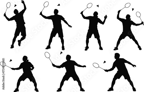"Set of seven badminton player silhouettes in dynamic poses with shuttlecock for sports education, motion design, and athletic branding"