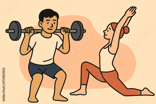 A man lifting weights and a woman practicing yoga, symbolizing fitness, strength, and balance. Perfect for health, wellness, and active lifestyle themes.