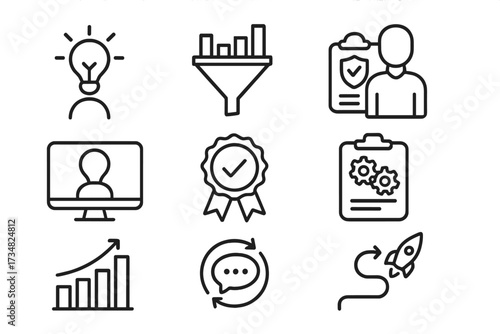 Innovation Workflow Icons. Line style icons of crowdsourced innovation workflow: submission stage icon, filter ideas chart,