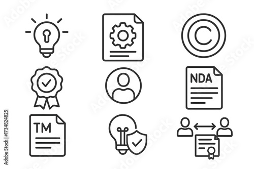 Innovation IP Icons. Line style icons of innovation IP management: idea lock icon, patent document, copyright notice symbol,