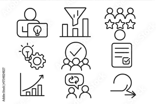 Innovation Workflow Icons. Line style icons of crowdsourced innovation workflow: submission stage icon, filter ideas chart,