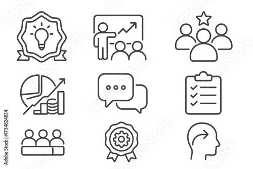 Organizational Readiness Icons. Line style icons of organizational readiness: innovation culture badge, training session icon,