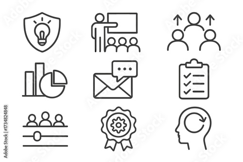 Organizational Readiness Icons. Line style icons of organizational readiness: innovation culture badge, training session icon,
