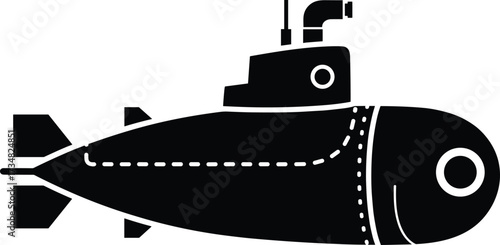 "Stylized submarine silhouette with periscope, fins, and porthole for underwater exploration, naval engineering, education, and marine design"