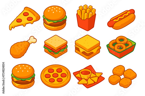 Fast Food Icons. Isometric vector illustration set Fast food classics: cheesy pizza slice, juicy burger patty, crispy fries box,