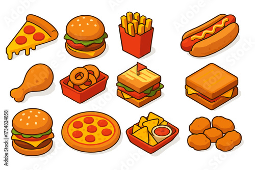 Fast Food Icons. Isometric vector illustration set Fast food classics: cheesy pizza slice, juicy burger patty, crispy fries box,