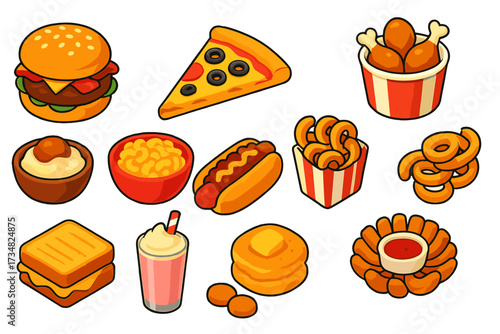 Comfort Food Icons. Isometric vector illustration set Comfort fast food: loaded burger patty, pizza slice with olives, fried