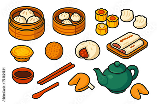 Chinese Dim Sum Feast. Isometric vector illustration set Chinese dim sum: bamboo steamer with buns, dumpling basket, siu mai