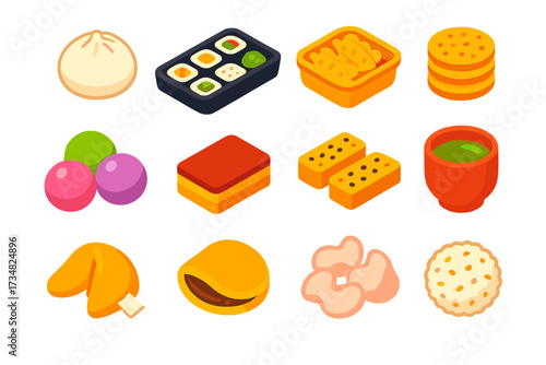 Asian Snack Icons. Isometric vector illustration set Asian snacks: steamed bun, sushi roll pack, dumpling tray, rice cracker stack