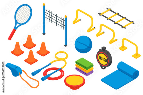 Bright Training Gear Icons. Isometric vector illustration set Training gear: tennis racket, volleyball net, agility ladder, cones,