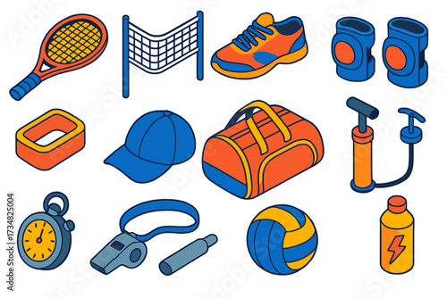 Sports Gear Essentials. Isometric vector illustration set Sports accessories: tennis racket, volleyball net, sports shoes, knee