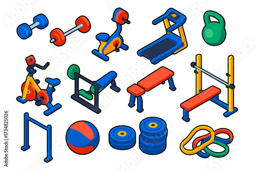 Vibrant Gym Equipment Icons. Isometric vector illustration set Gym equipment: dumbbell pair, barbell with plates, treadmill