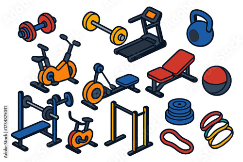 Vibrant Gym Equipment Icons. Isometric vector illustration set Gym equipment: dumbbell pair, barbell with plates, treadmill