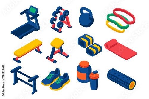 Home Gym Essentials. Isometric vector illustration set Home training: treadmill, dumbbell rack, kettlebell, resistance bands,