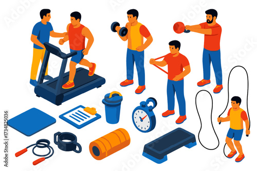 Vibrant Fitness Icons. Isometric vector illustration set Personal training: treadmill run, dumbbell curl, kettlebell swing,