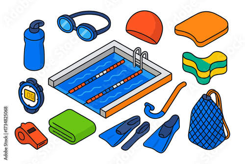 Swimming Gear Icons. Isometric vector illustration set Swimming essentials: pool with lanes, swim goggles, swim cap, kickboard,