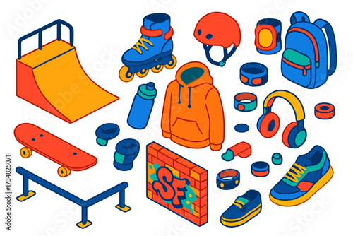 Youth Skate Culture Icons. Isometric vector illustration set Youth skate culture: skateboard ramp, rollerblades, helmet, knee pads