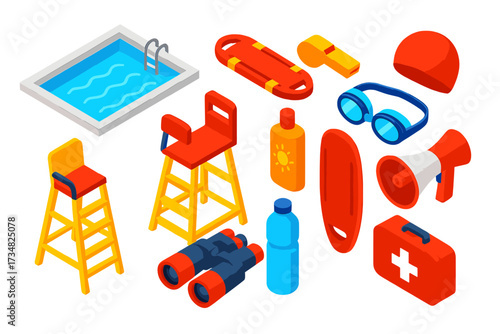 Lifeguard Equipment Icons. Isometric vector illustration set Lifeguard station: swimming pool, rescue tube, whistle, goggles, swim