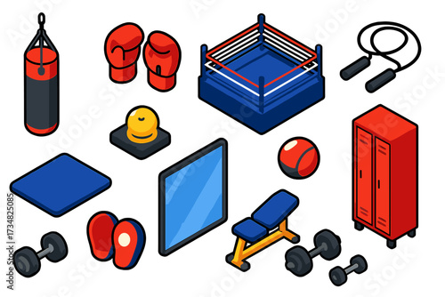 Boxing Gym Essentials. Isometric vector illustration set Boxing gym: punching bag, boxing gloves, boxing ring, jump rope, timer