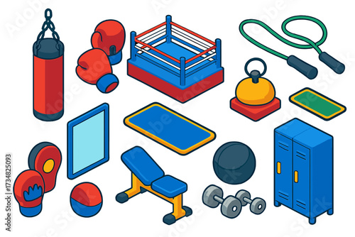 Boxing Gym Essentials. Isometric vector illustration set Boxing gym: punching bag, boxing gloves, boxing ring, jump rope, timer