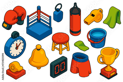 Boxing Icon Set. Isometric vector illustration set Boxing competition: boxing gloves, ring corner, punching bag, referee whistle,