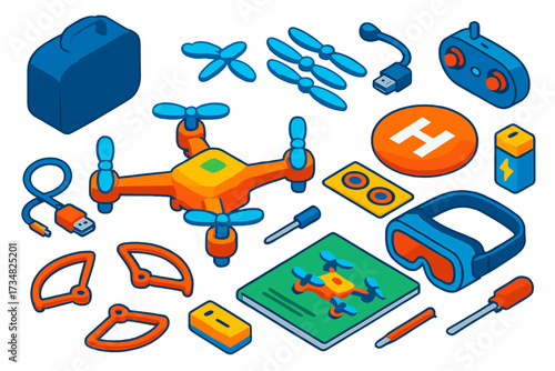 Drone Hobby Essentials. Isometric vector illustration set Drone hobby kit: toy drone, propellers, small remote controller, battery
