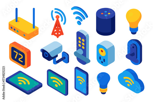 Smart Home Essentials. Isometric vector illustration set Smart home wifi: router, antenna, wifi signal, smart speaker, thermostat,