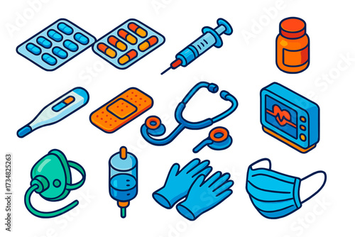 Medical Essentials Icons. Isometric vector illustration set Medical essentials: pills blister pack, capsule strip, injection