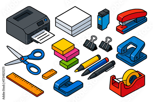 Bright Office Supplies. Isometric vector illustration set Office supplies: printer, copy paper stack, ink cartridge, stapler, hole