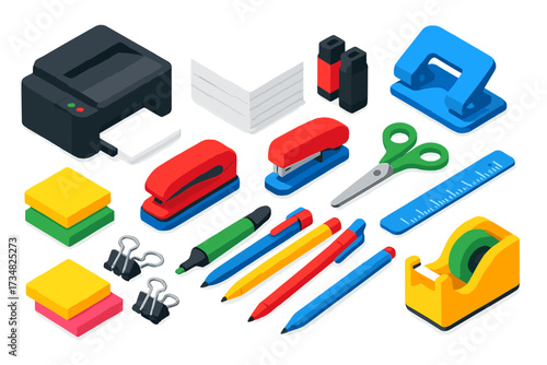 Bright Office Supplies. Isometric vector illustration set Office supplies: printer, copy paper stack, ink cartridge, stapler, hole