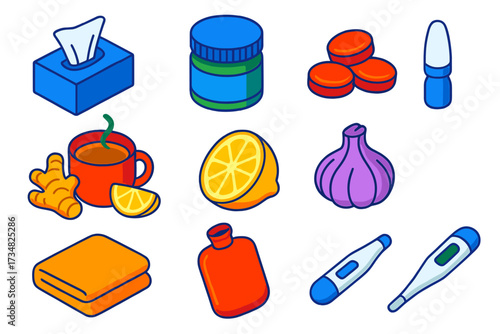 Cold Relief Essentials. Isometric vector illustration set Cold relief: tissue packet, vapor rub jar, cough drops, ginger tea cup,