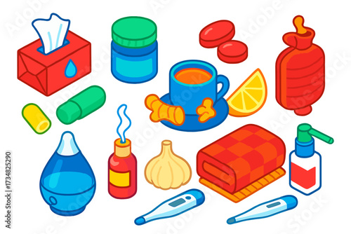 Cold Relief Essentials. Isometric vector illustration set Cold relief: tissue packet, vapor rub jar, cough drops, ginger tea cup,