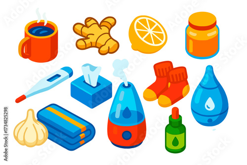 Home Flu Remedies. Isometric vector illustration set Home flu remedies: hot tea mug, ginger root, lemon slice, honey jar,