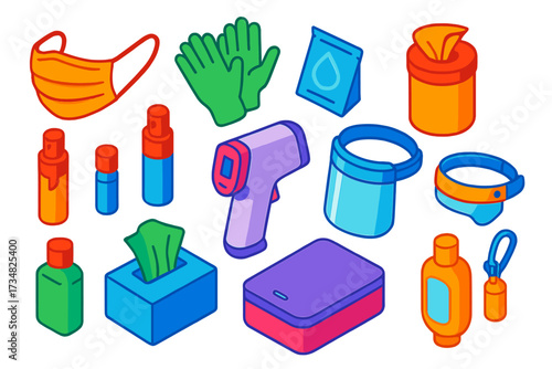 Travel Protection Kit. Isometric vector illustration set Travel protection kit: mask, gloves, sanitizer sachet, disinfectant wipes