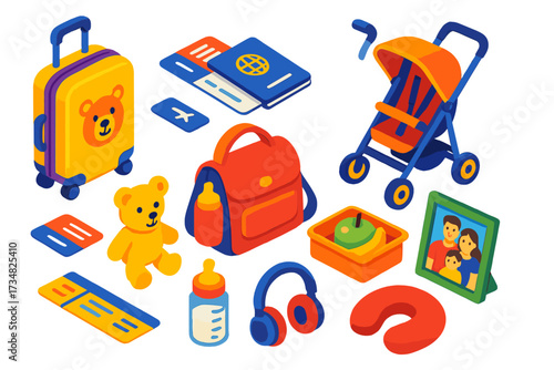 Family Travel Essentials. Isometric vector illustration set Family travel: children’s suitcase, boarding pass, passport, stroller,