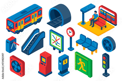 Metro Transport Icons. Isometric vector illustration set Metro transport: subway train, underground tunnel, station platform,