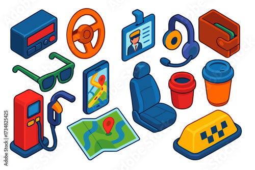 Taxi Driver Essentials. Isometric vector illustration set Taxi driver tools: taxi meter, steering wheel, license badge, wallet,