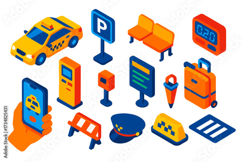 Isometric Taxi Station Icons. Isometric vector illustration set Taxi station: taxi cab, parking zone sign, passenger bench, taxi