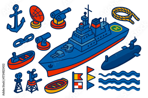 Naval Fleet Icons. Isometric vector illustration set Naval fleet: warship, anchor, radar, cannon, lifeboat, chain, submarine,