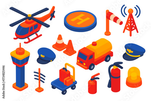 Helipad Elements Icons. Isometric vector illustration set Airport helipad: helicopter, rotor blades, landing pad, windsock,