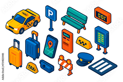 Isometric Taxi Station Icons. Isometric vector illustration set Taxi station: taxi cab, parking zone sign, passenger bench, taxi