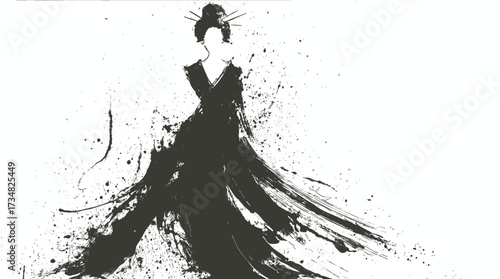 Japanese geisha silhouette in flowing dress painted in abstract grunge brush ink art